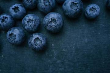 Blueberries background. Blueberry border design. Ripe and juicy fresh picked bilberries close up. Copyspace for your text