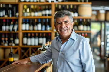 Obraz premium A man standing behind a bar in a wine shop