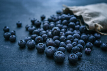 Blueberries background. Blueberry border design. Ripe and juicy fresh picked bilberries close up. Copyspace for your text