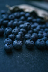 Blueberries background. Blueberry border design. Ripe and juicy fresh picked bilberries close up. Copyspace for your text