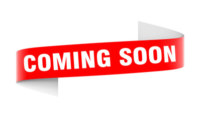 Red ribbon banner with coming soon text on transparent background