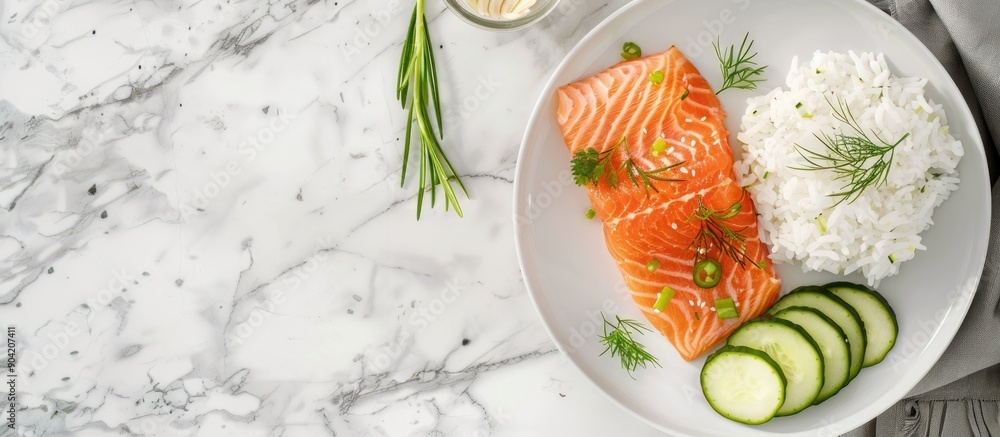 Poster salmon with rice and cucumber on a white marble background seen from the top includes plenty of spac