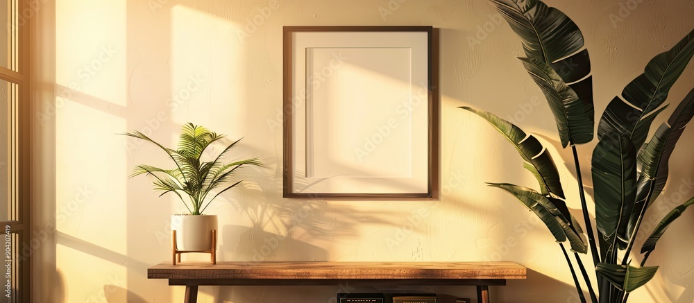 Poster a room s interior displaying a picture frame houseplant and shelving unit with a picture frame and h