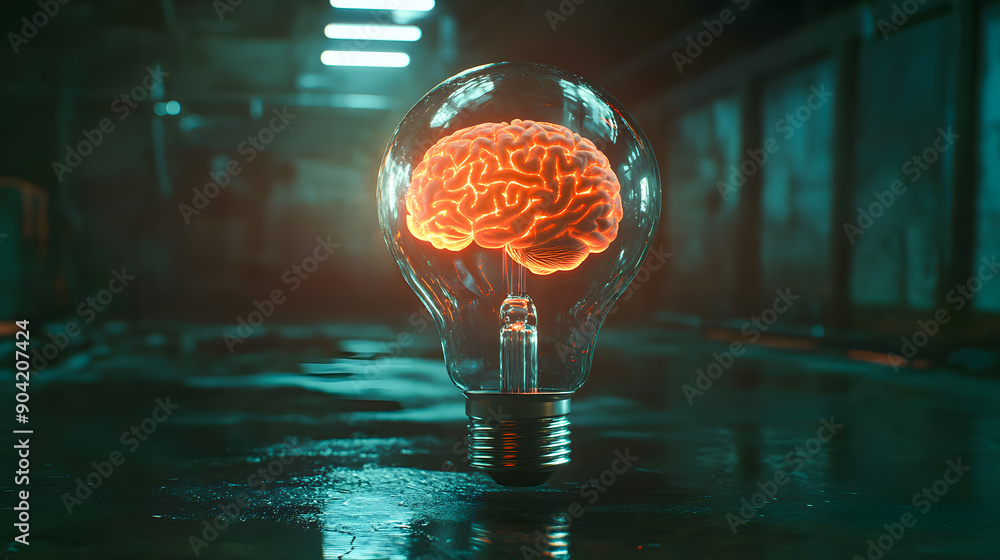 Poster glowing brain inside a light bulb representing innovative thinking problem solving and creative conc