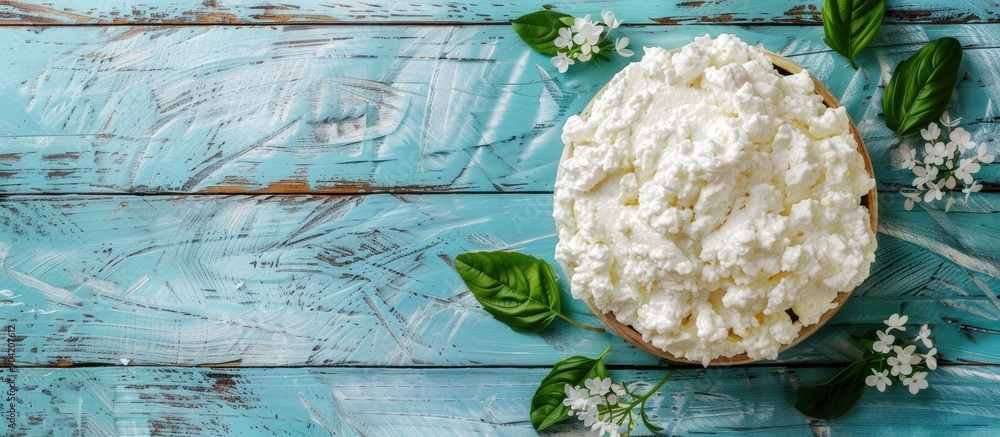 Poster a delicious ricotta cheese on a pale blue wooden surface seen from above possible text can be added 