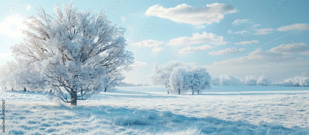 Poster scenic winter view of snow covered trees in a sunny field background with ample copy space for a des