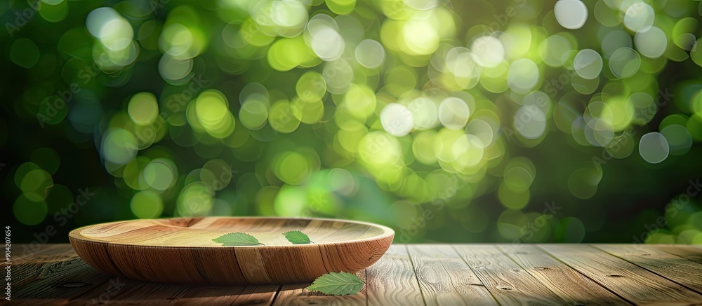 Poster wooden table with an empty plate on top set against a green blurred background ideal for a picture w