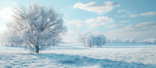 Scenic winter view of snow covered trees in a sunny field Background with ample copy space for a design concept