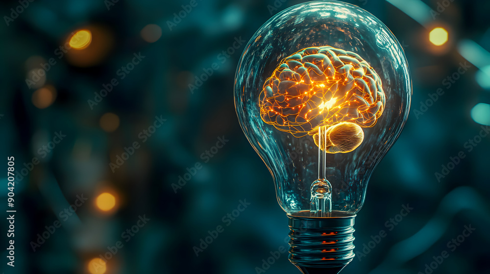 Poster glowing brain inside a transparent lightbulb symbolizing the power of ideas innovation and creative 