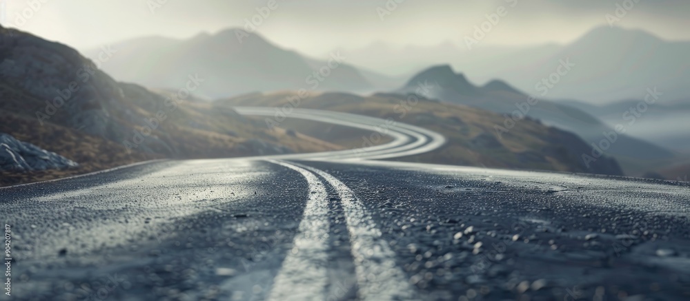 Poster mountainous landscape with a gray overcast sky stretching above it an empty road meanders through th