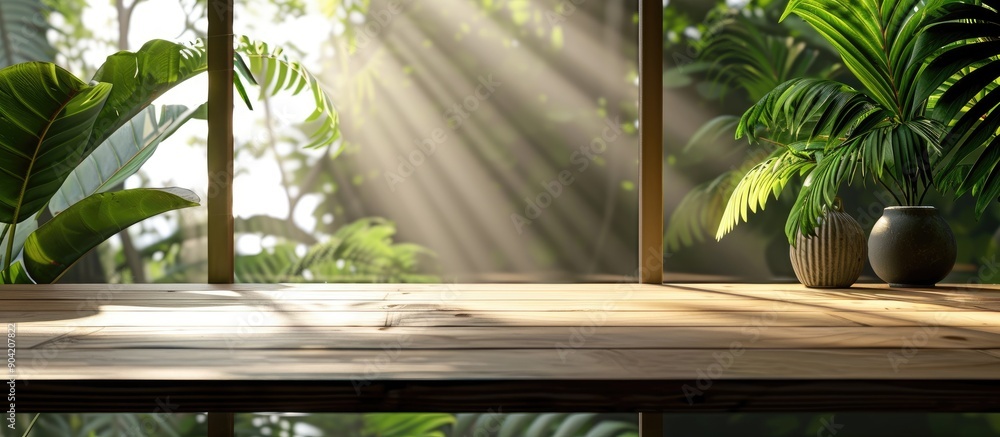 Aufkleber wooden tabletop against a background of blurred window glass and tropical leaves on the wall offers 