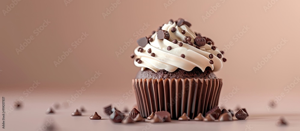 Poster close up view of a cupcake featuring chocolate drops with copy space image