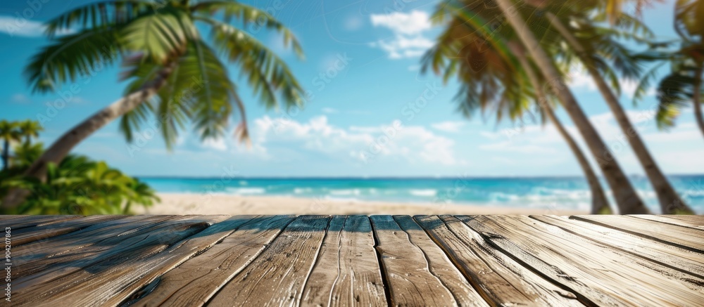 Poster capture the essence of summer with a wooden table set against a sunny beach backdrop with palm trees