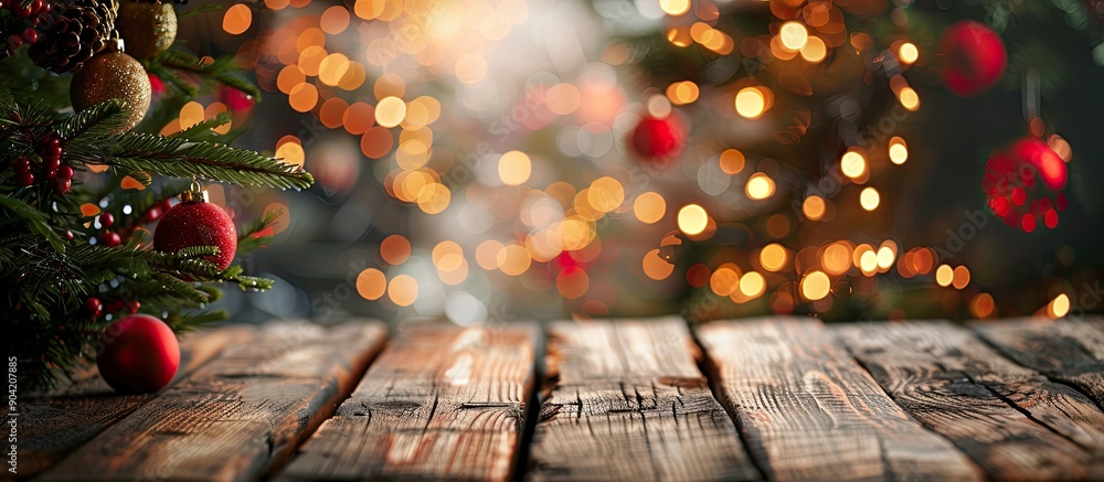 Poster wooden table in front of a blurred holiday backdrop with room for text or images copy space image
