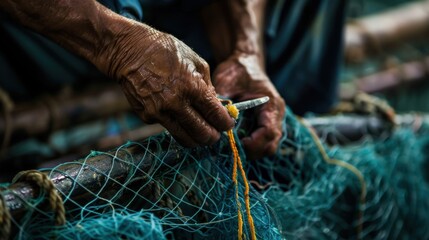 A fisherman focuses intently on mending his net, showcasing the delicate craftsmanship required for his trade in a coastal setting