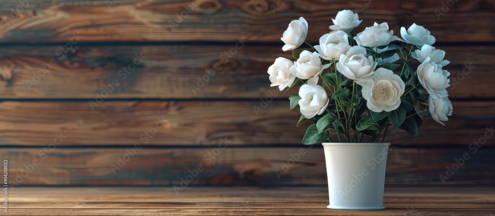 Aufkleber white artificial flowers in a pot set against a wooden background with empty copy space image