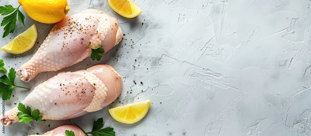 Poster top view of fresh raw chicken garnished with lemon and parsley on a light grey table providing copy 