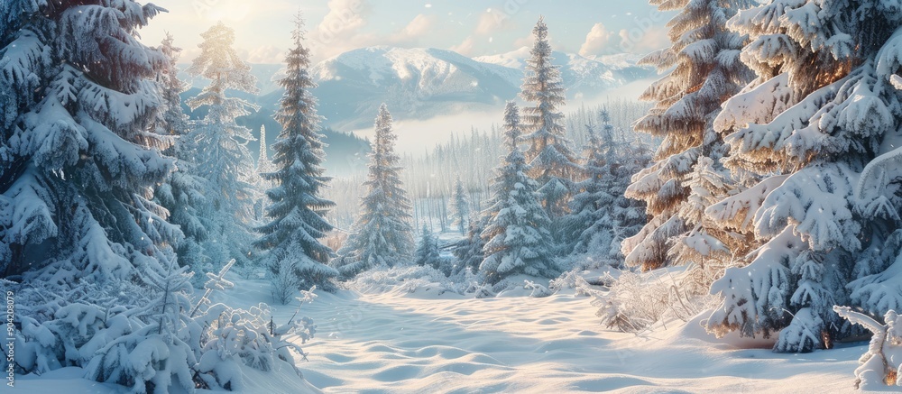 Poster snow covered forest setting with a serene snowy landscape in the background featuring ample copy spa