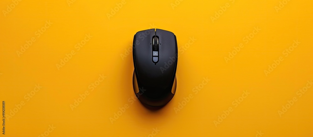 Poster top view of a black wireless mouse against a yellow backdrop featuring a spacious copy space image