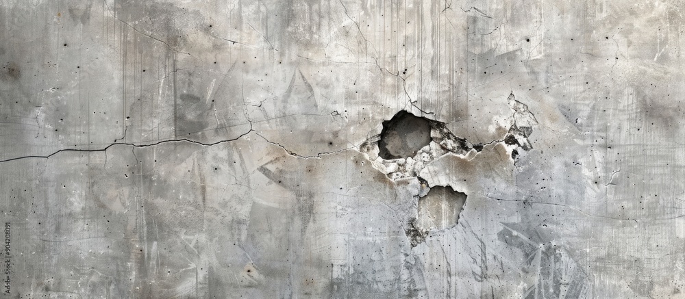 Poster copy space image of a weathered concrete wall with a textured gray surface featuring a cracked hole 