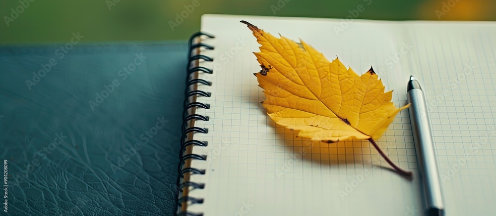Poster a top down view of a yellow leaf on a notebook with a pen on top providing copy space image