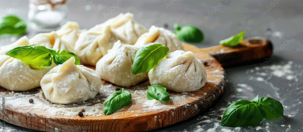 Poster a wooden board with uncooked dumplings and basil leaves on a grey backdrop creates a rustic scene wi