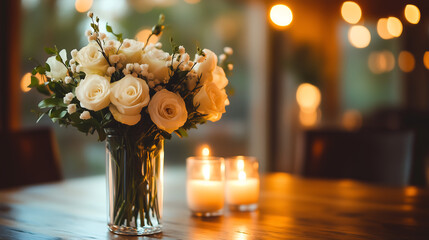 vase of white roses and baby breath is placed on the table, with candles burning in front of it