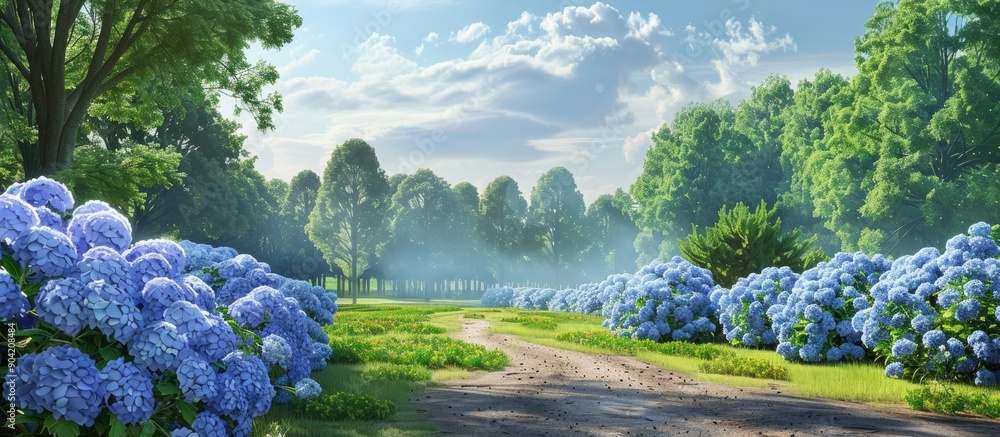 Poster hydrangea in full bloom in a park setting with copy space image available