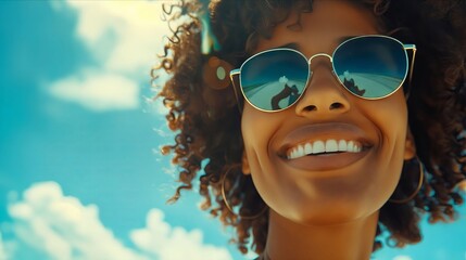 A woman with curly hair wearing sunglasses and smiling