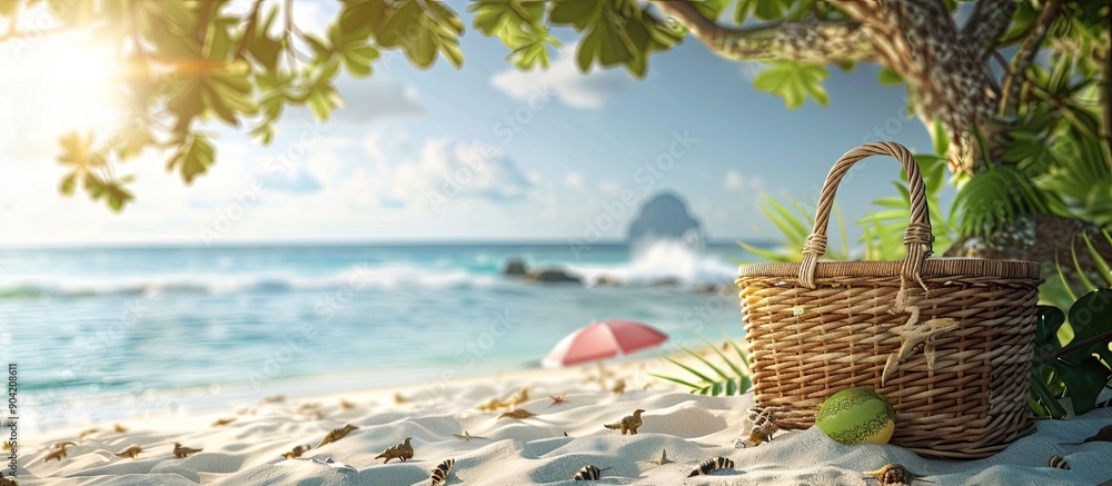 Poster sunny tropical beach scene with an empty picnic basket provides copy space for products and objects 