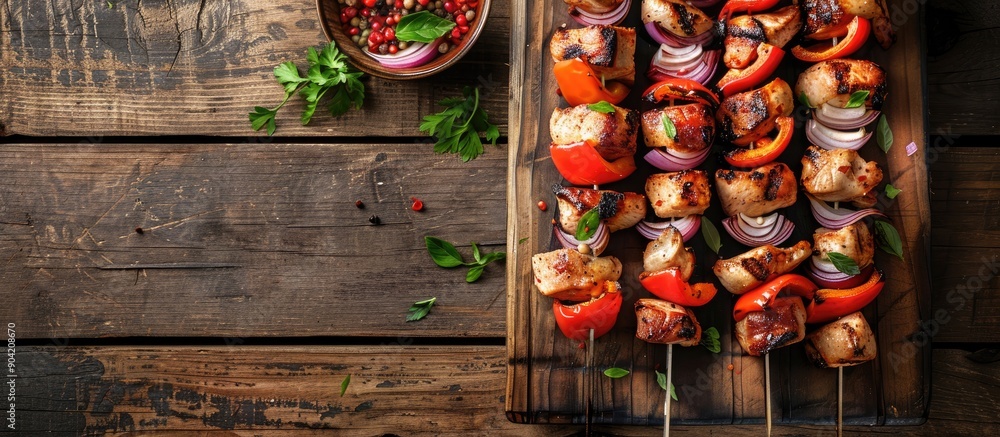 Aufkleber high angle view of chicken skewers with red bell peppers and red onions on a wooden board with copy 