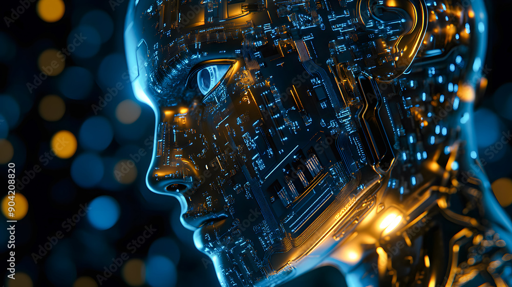 Poster glowing futuristic cyborg head with intricate circuit board details and luminous digital patterns re