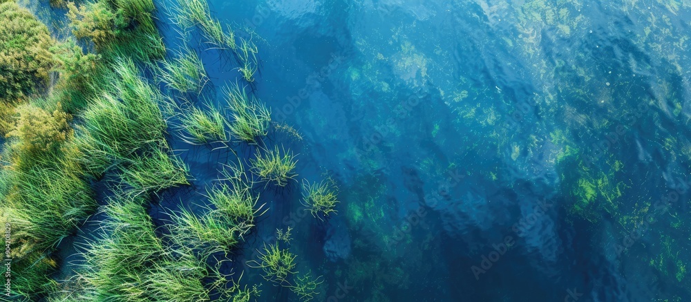 Poster aerial view showing reeds in a blue lake with copy space image