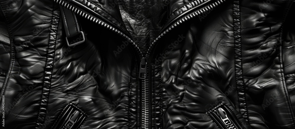 Poster top view of a black leather jacket with a zipper providing a textured backdrop in a copy space image
