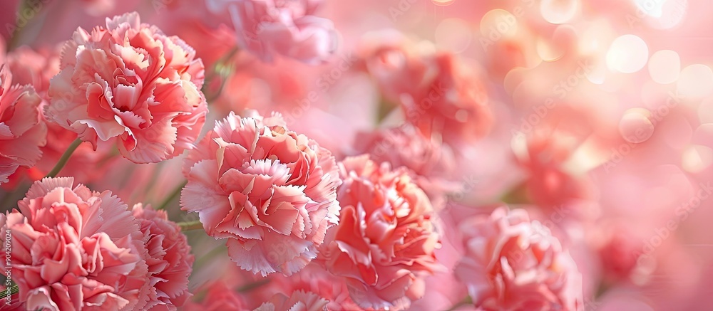 Poster close up of pink carnations in a garden setting with copy space image