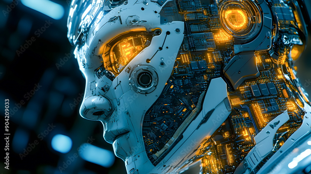 Poster futuristic cyborg portrait with intricate glowing circuits mechanical components and advanced digita