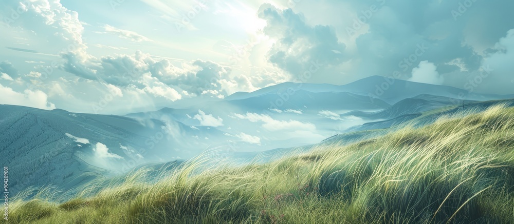 Poster scenic view of clouds enveloping the mountain range with grasslands swaying in the wind below ideal 
