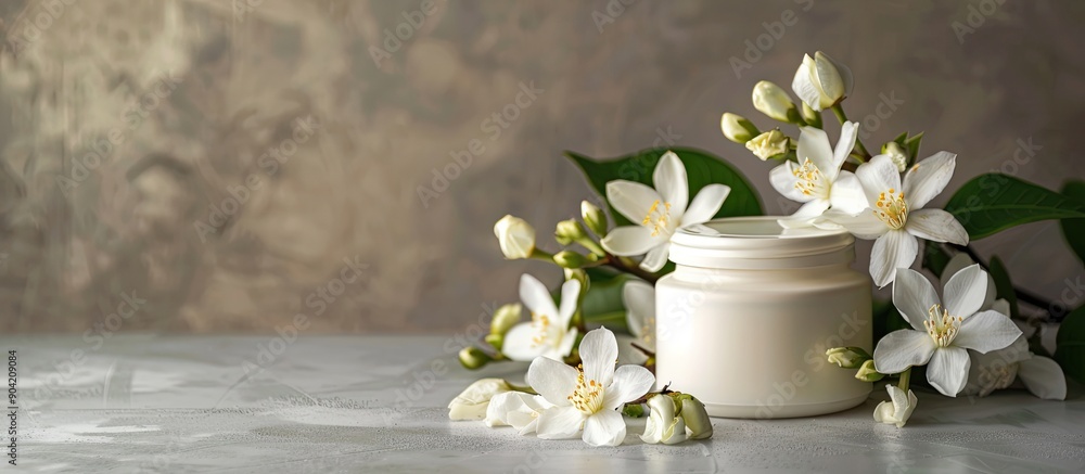 Canvas Prints Close up of a cream jar with jasmine flowers on a grey table featuring copy space image