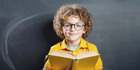 a student in a yellow shirt with a book on the blackboard background