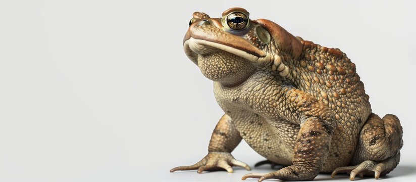 A big Cane toad sits sideways gazing away from the camera against a white background with copy space image