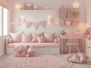 Pink and White Child's Bedroom with Daybed, Desk, and Playful Decor