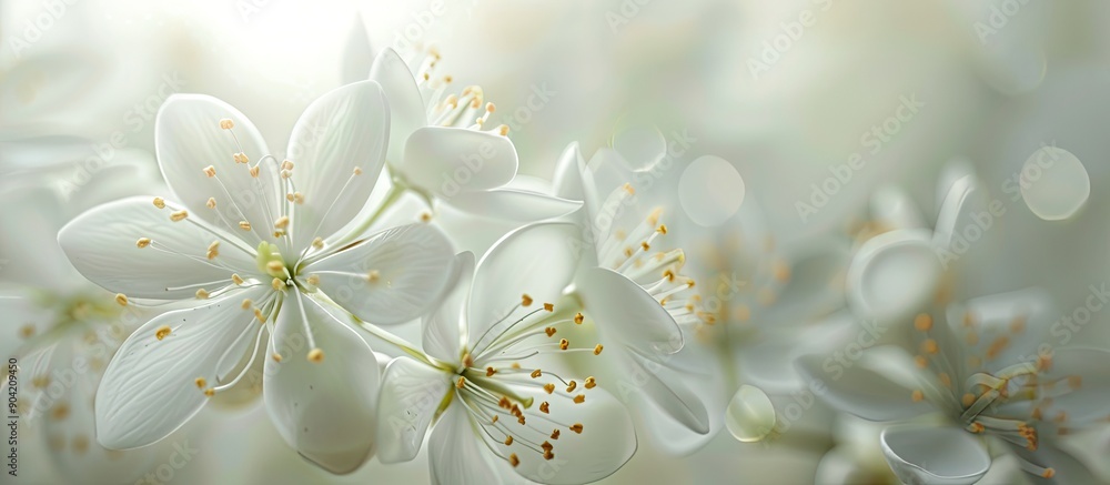 Poster front view of blooming small white flowers with lengthy stamens in macro background is blurred to hi