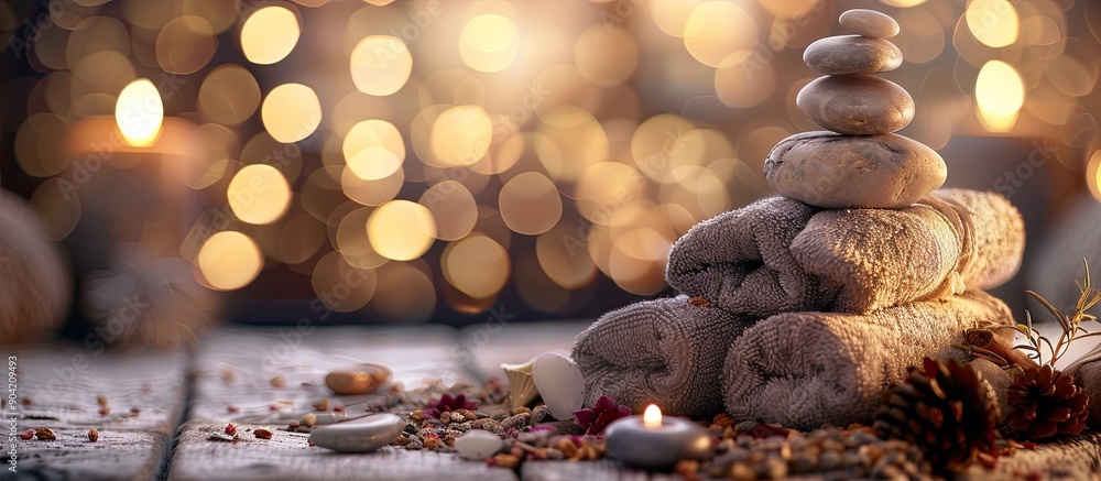 Poster a serene spa setting with aromatic herbal bags soft towels and smooth stones arranged on a table set