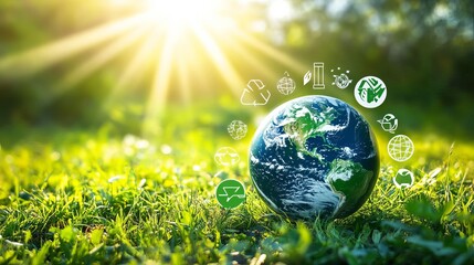 Environment Circular Economy concept  An artistic representation of the Earth surrounded by sustainability icons such as recycling