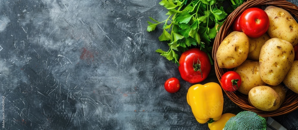 Poster fresh vegetables served next to potatoes on a rustic table setting with a top view suitable for keto