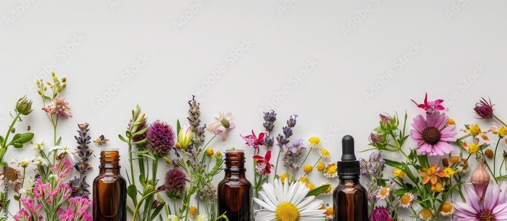 Poster various essential oils and flowers displayed on a white backdrop with copy space image