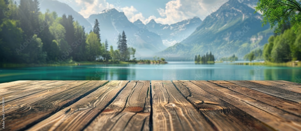 Wall mural A wooden table set against a blurred lake and park backdrop provides ample copy space for showcasing an advertisement alongside the serene lake and majestic mountains