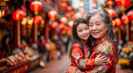 Fototapeta premium Chinese senior woman with girl in Mid Autumn or New year festival. Asian family with lantern for lunar. People in red. Happy China banner. Celebration tradition. Grandmother with smiling child