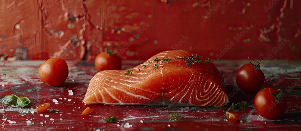 Poster a fresh raw salmon fillet displayed on a table with a red background sea themed with ample space for