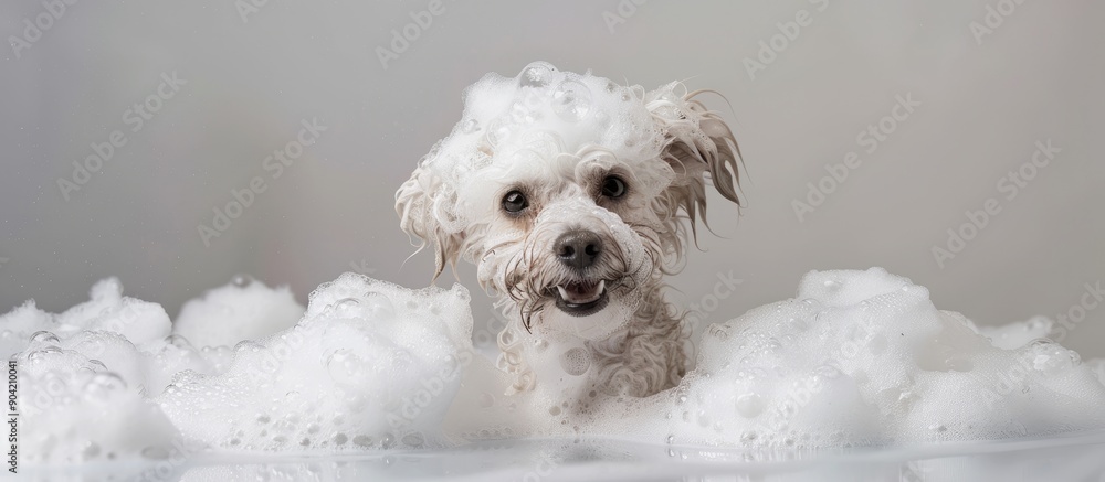 Poster maltipoo dog happily enjoys a bath covered in soap foam smiling at the camera with copy space image